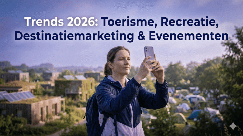 Vrouw met telefoon voor campung en duurzaam verblijfsaccomodatie bij trends 2026