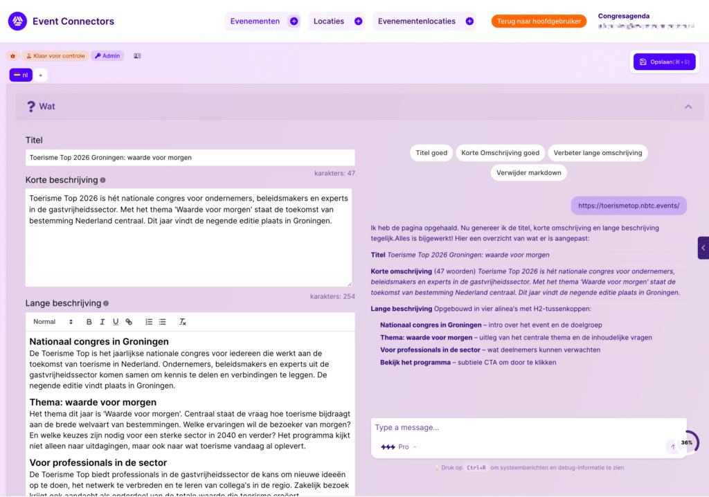 Preview van AI Schrijfassistent in tool Event Connectors