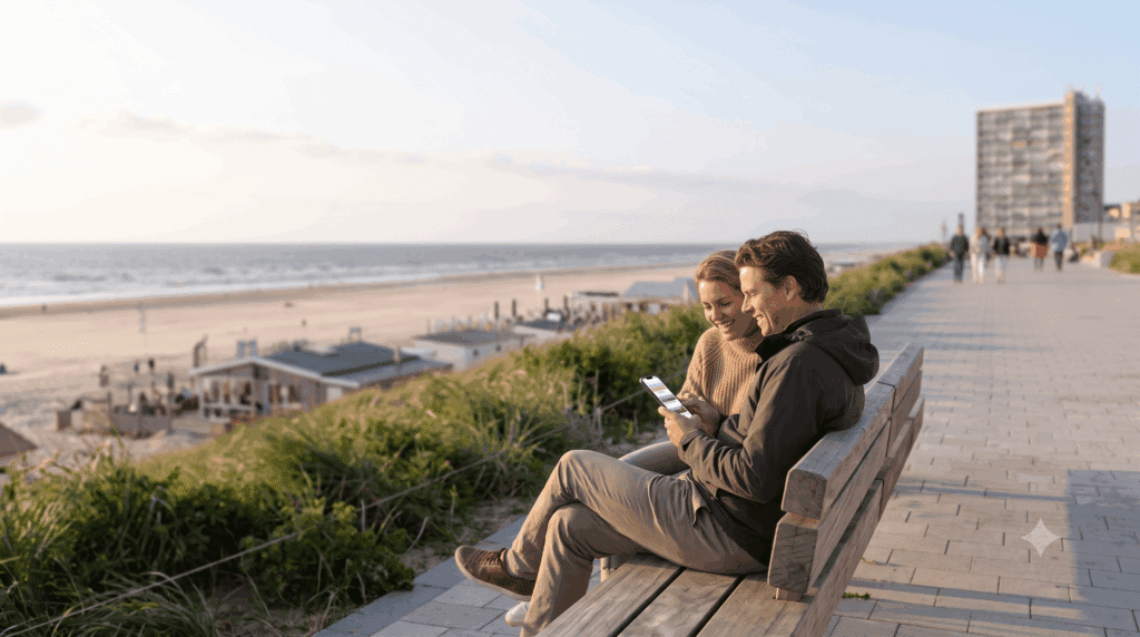 Bezoekers Zandvoort plant een uitje in Zandvoort op een telefoon met een agenda van tickets en evenementen in beeld